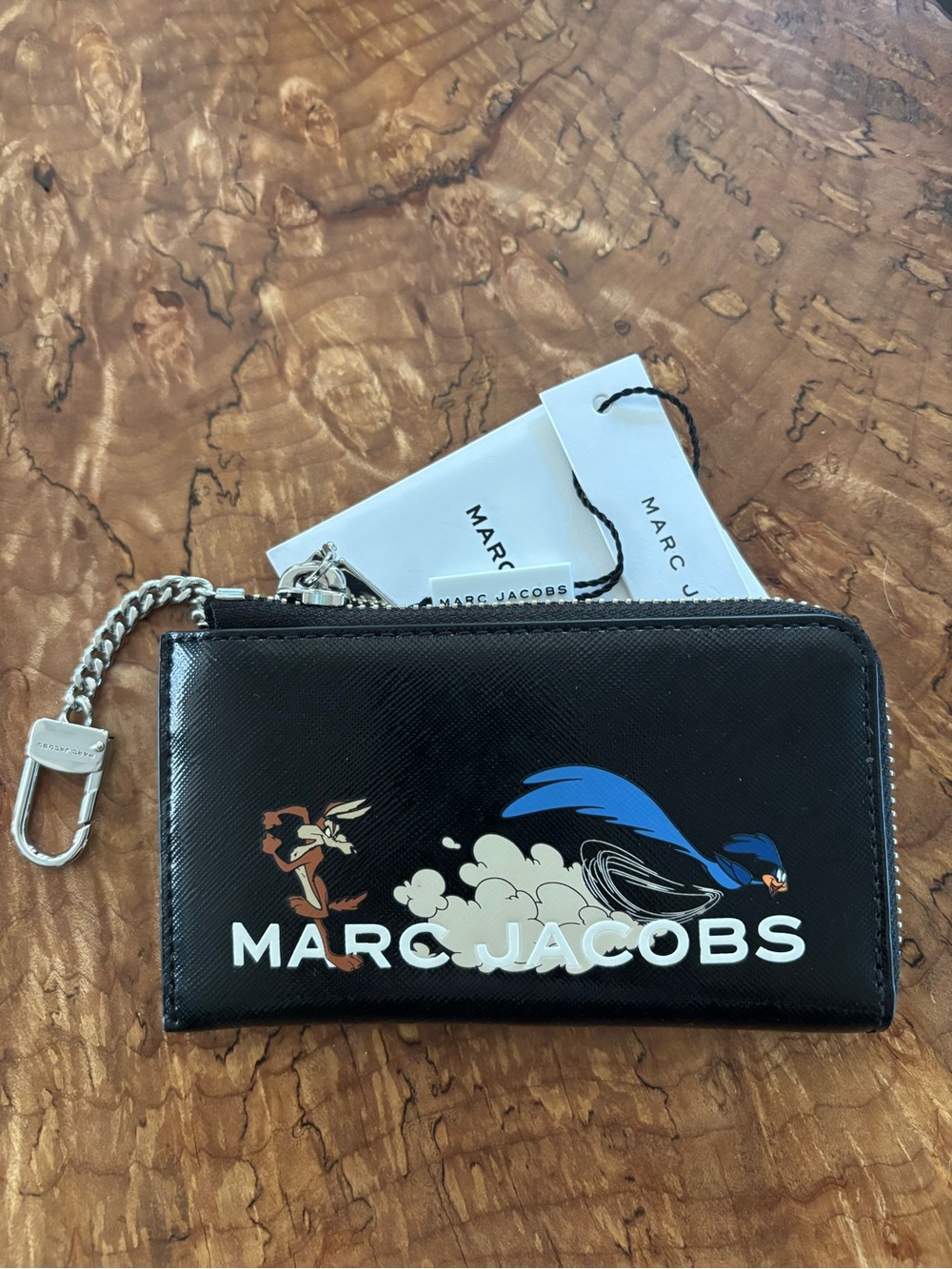 Marc Jacobs Black Saffiano Zip Card Case with Roadrunner Print